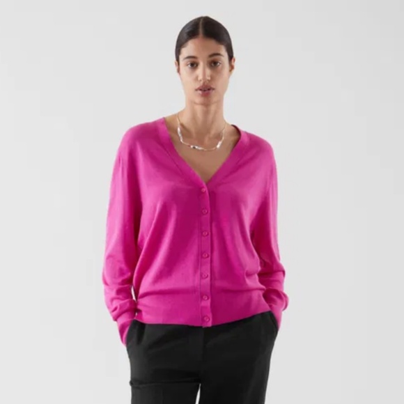 COS Knit Cardigan Silk Cotton V Neck Varsity Pink Barbie Lightweight S Oversized - Picture 1 of 16